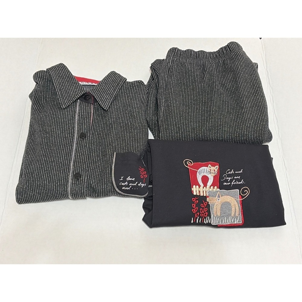 VTG Blast Women's 3pc Pinstripe Cardigan Pants Tee Set M Cat Dog Embroidered - Picture 2 of 14
